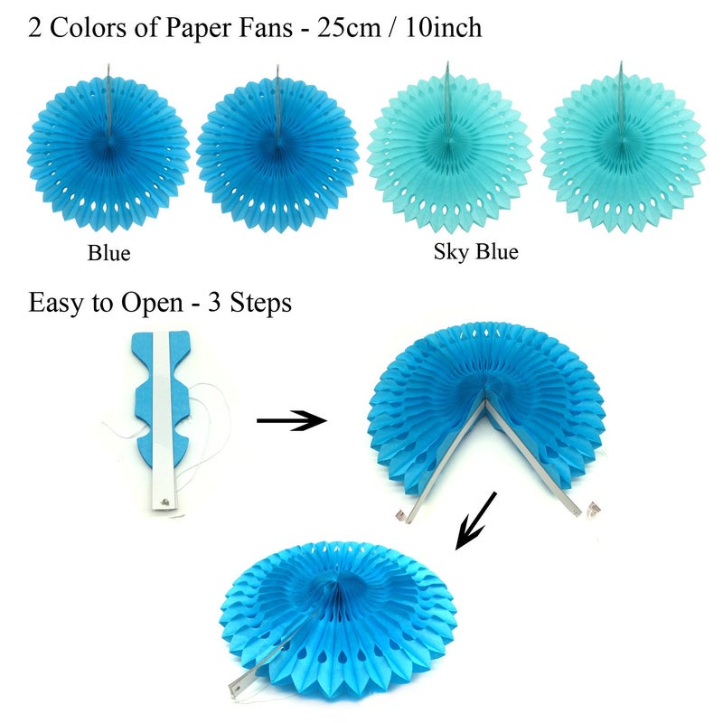 ZERODECO Birthday Decoration Set - Happy Birthday Banner with Fans, Pom Poms, Swirls and Balloons - Blue, Sky Blue and White - Image 3